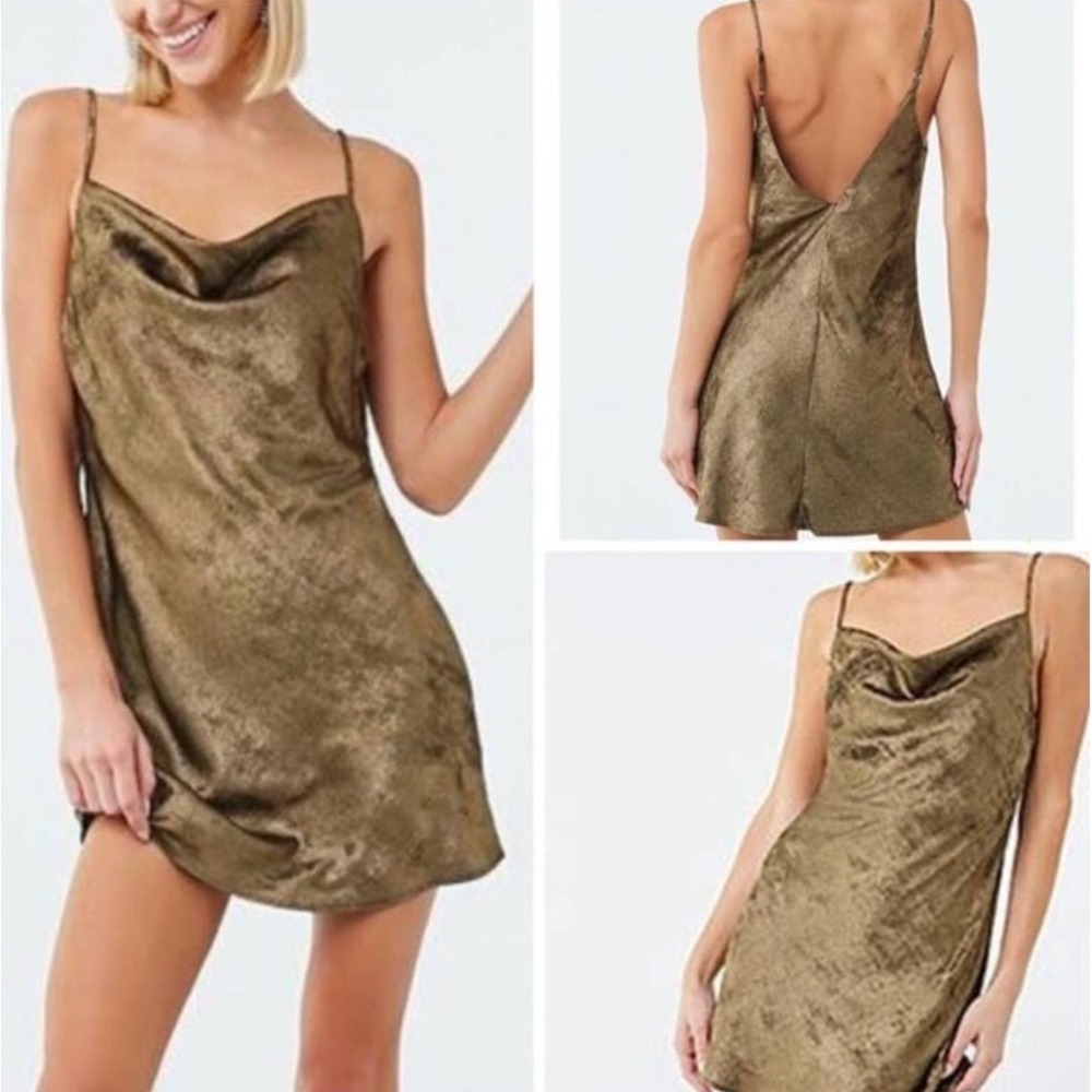 (A9) Forever 21 Womens Metallic Gold Shimmer‎ Spaghetti Strap Mini Dress Small